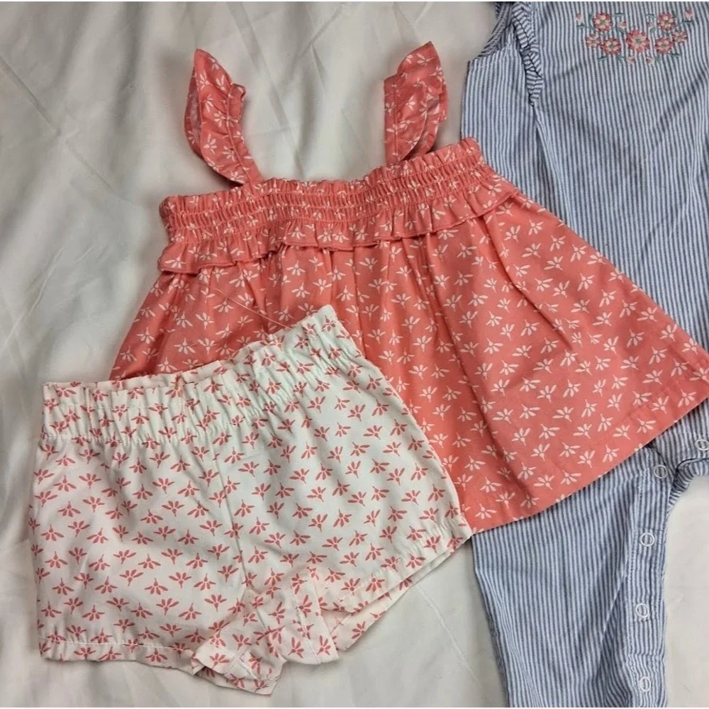 Carter's Baby Girl 12 Mos Outfit Lot Longall Shorts Tank Set Coral Pink Blue